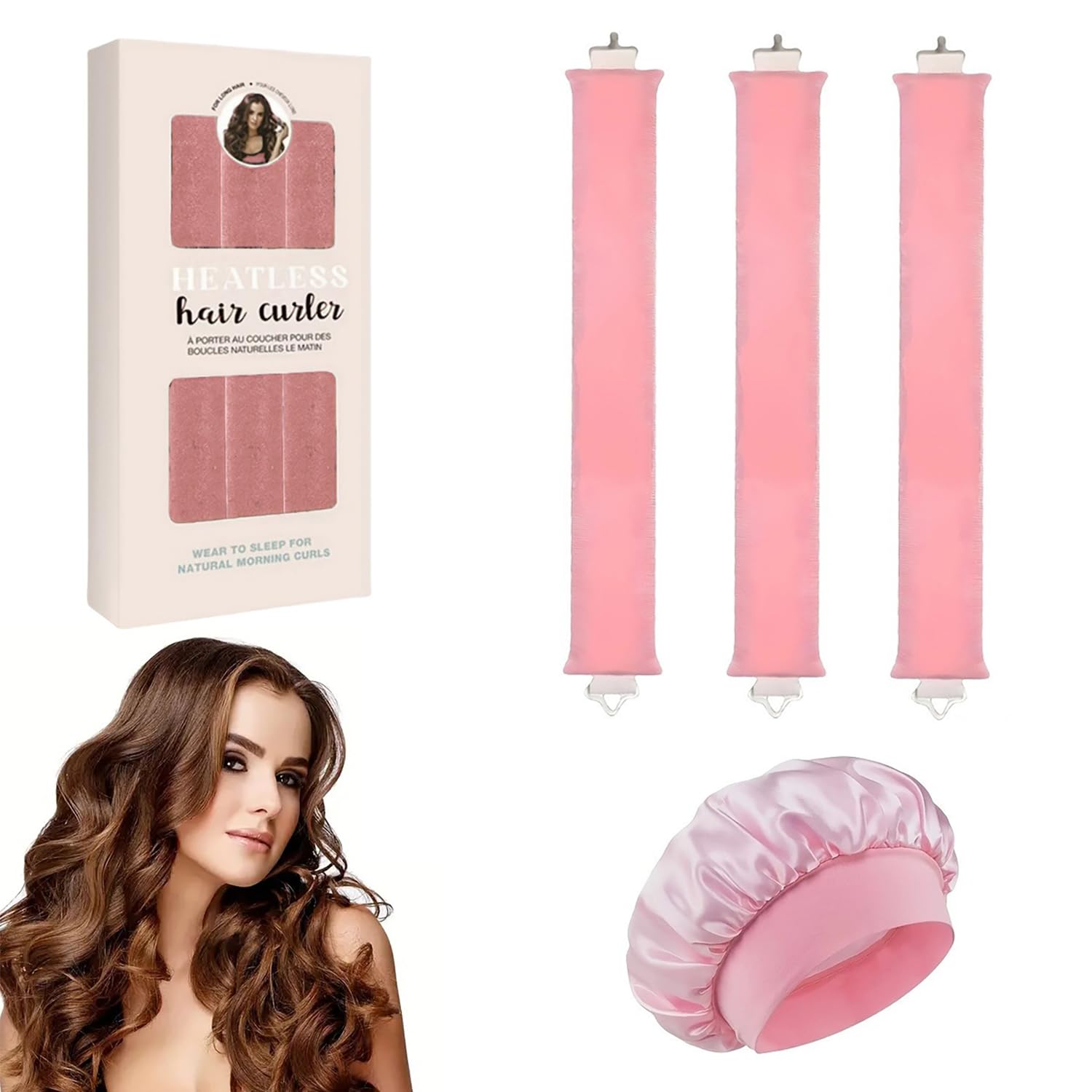 EUZUXU 3 Stück Heatless Curls Band + 1 Stück Schlafmütze, Hitzefreie Lockenwickler, Overnight Blowout Locken Ohne Hitze, für Alle Haartypen-Rosa
