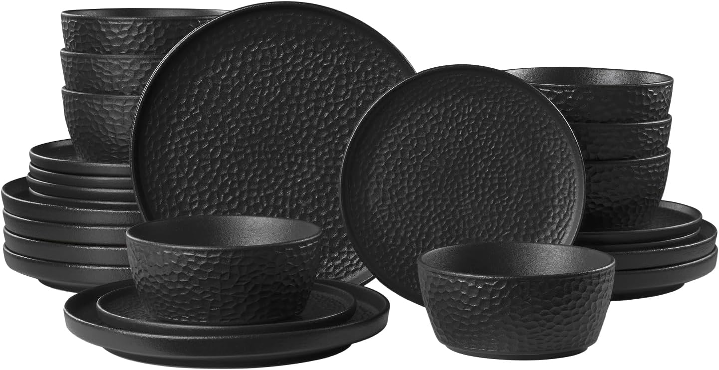 KINGSTONE Ceramic Dinnerware Set, 24-Piece Porcelain Plates and Bowls Set for 8, Matte Black or White, Hammered Texture, Microwave, Dishwasher & Oven Safe, Perfect for Home, Weddings & Gifts