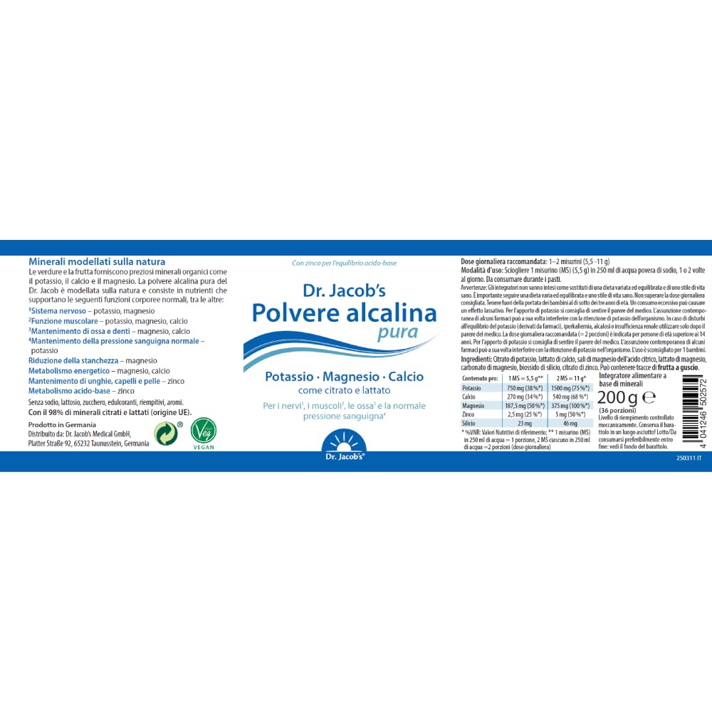 Polvere Alcalina Pura del Dr. Jacob, Barattolo da 200 g I Potassio, Magnesio, Calcio, Zinco come Citrato e Lattato I Equilibrio Minerale e Alcalino Mirato* I 36 Porzioni