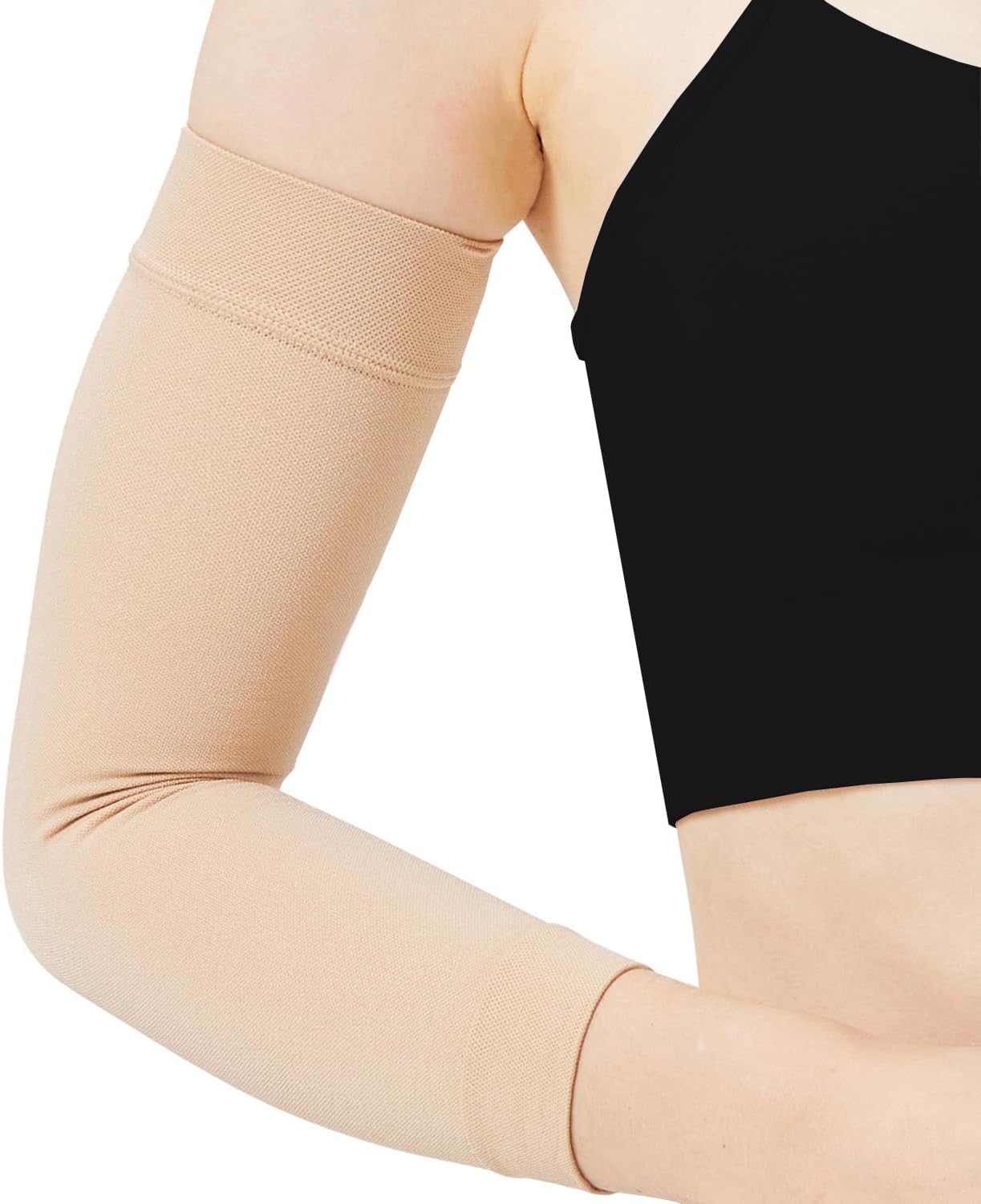 Compression Lymphedema Arm Sleeves for Women and Men, 15-20 mmHg Full Arm Support for Swelling Recovery Circulation, Beige, Medium