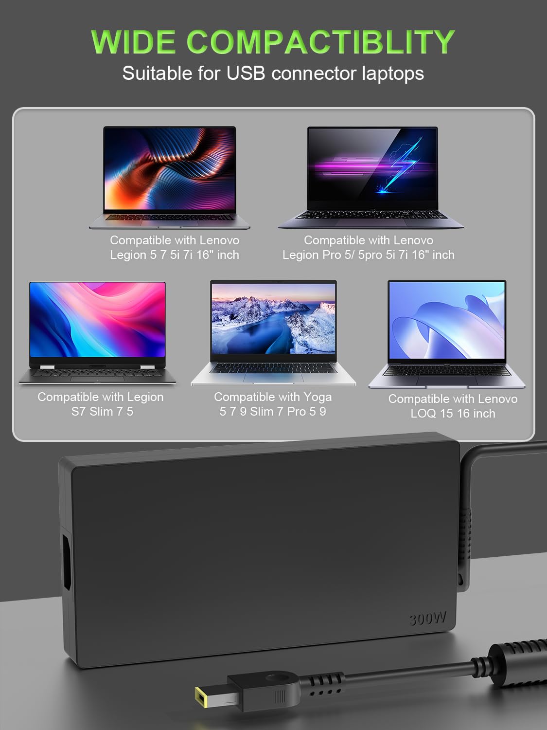 Slim 300W ładowarka kompatybilny z Lenovo Legion Pro 5 7 5i 7i 9i 16IRX8 16ARX8H 16IAH7H 16IRX9 16IAX10H 16ITHg6 16ACHg6 16IAX7 R9000 Y9000 ThinkPad R7000P LOQ 17IRB8 Laptop