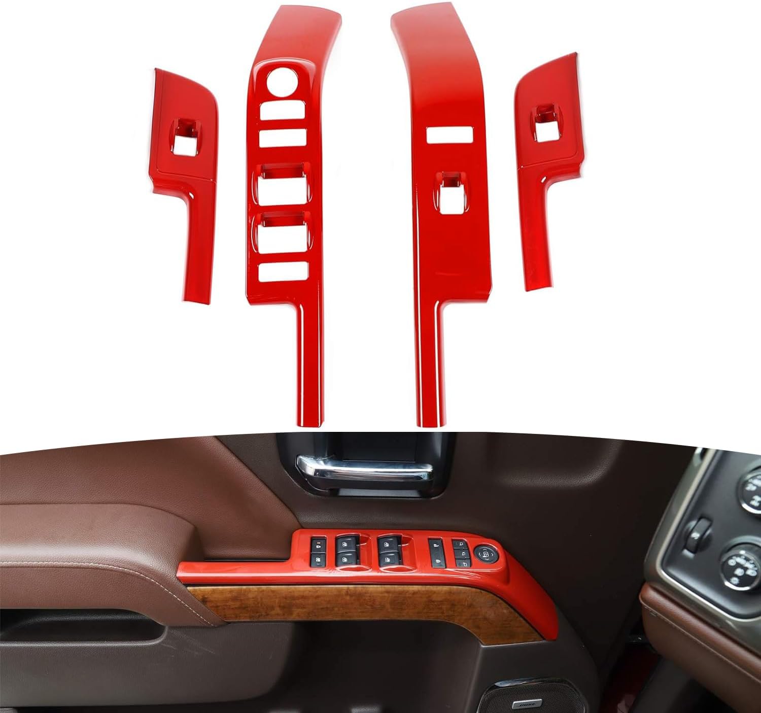 RT-TCZ for Chevy Silverado Power Window Switch Cover Trim Bezel Red for Chevrolet Silverado GMC Sierra 2014-2017 Red Interior Accessories 4pcs