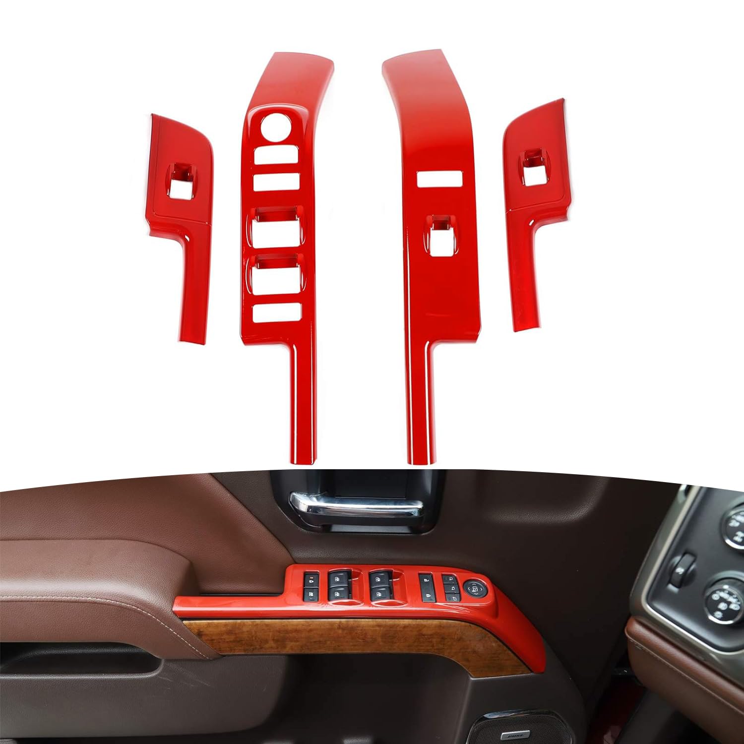 RT-TCZ for Chevy Silverado Power Window Switch Cover Trim Bezel Red for Chevrolet Silverado GMC Sierra 2014-2017 Red Interior Accessories 4pcs