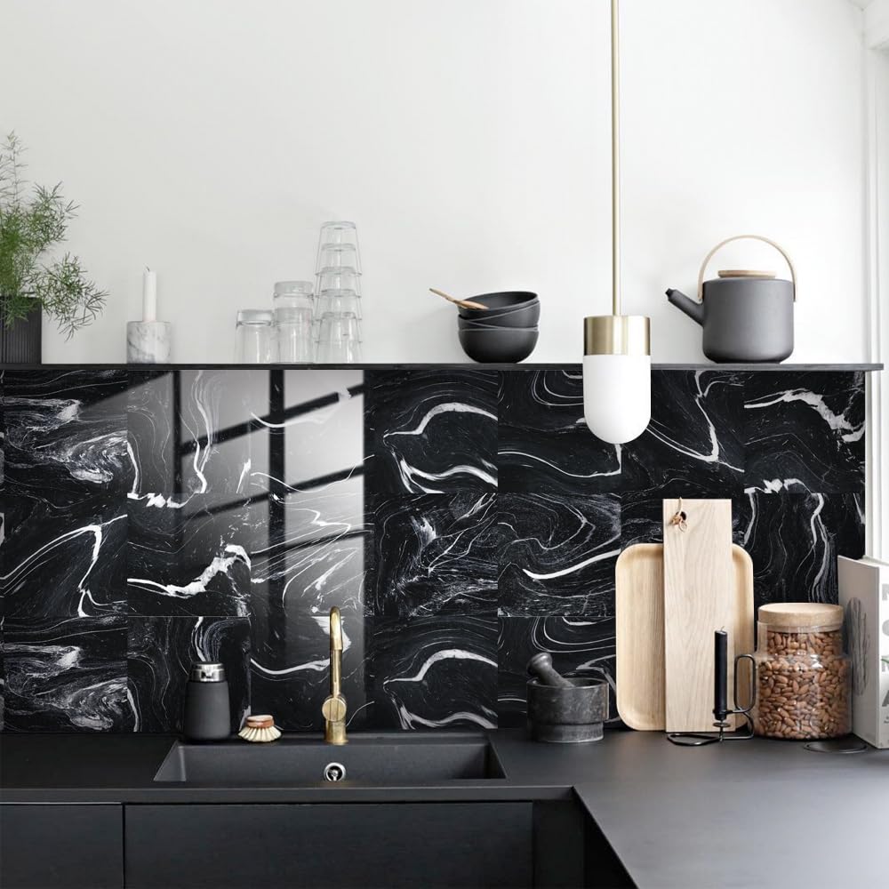 LMYSXAOZ Tile Stickers Black Marble Stick On Tiles,Self Adhesive Wall Tiles for Kitchen Bathroom,Vinyl Peel and Tiles,Stick Waterproof Oilproof10 PC(20x20cm)