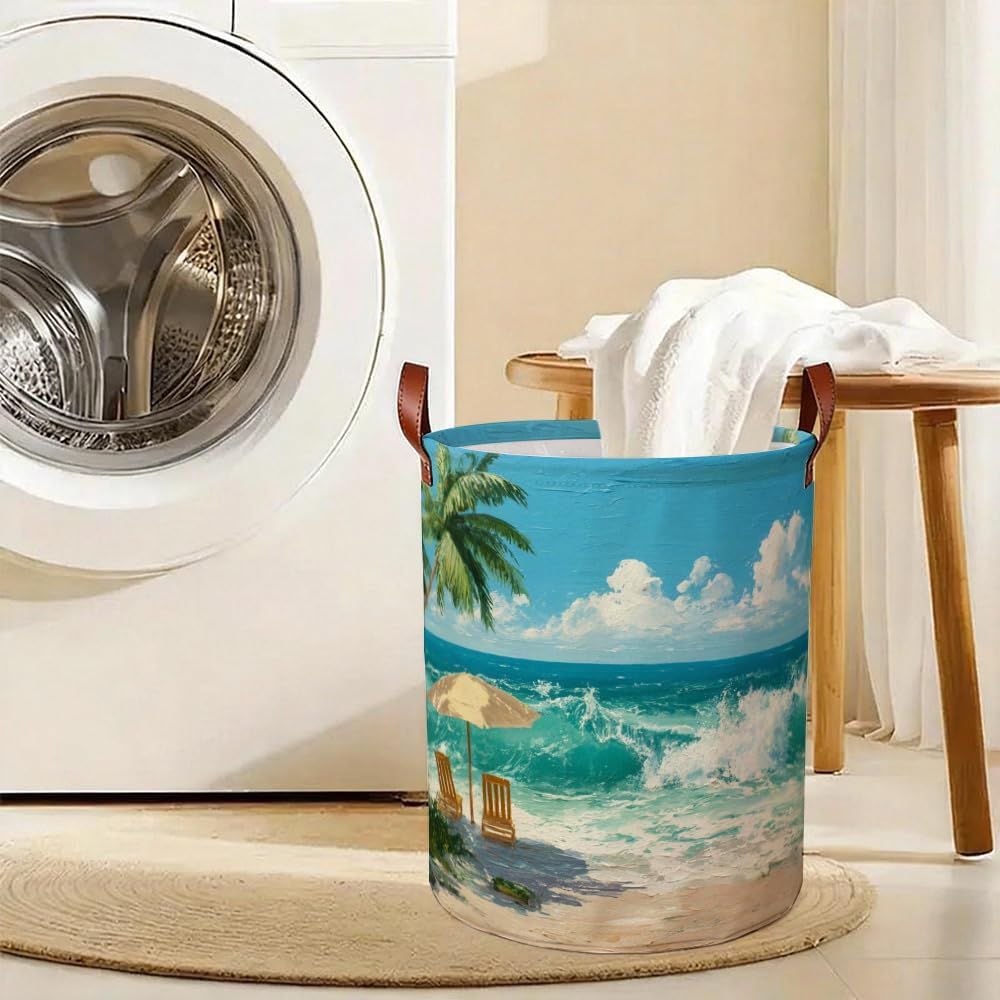 Beach Scenes Laundry Hamper, Collapsible Oxford Cloth Laundry Basket Cool Design Beach Theme for Boys Room, Colorful Small Space Hamper Summer Decor (15.75x15.75x19.7in)