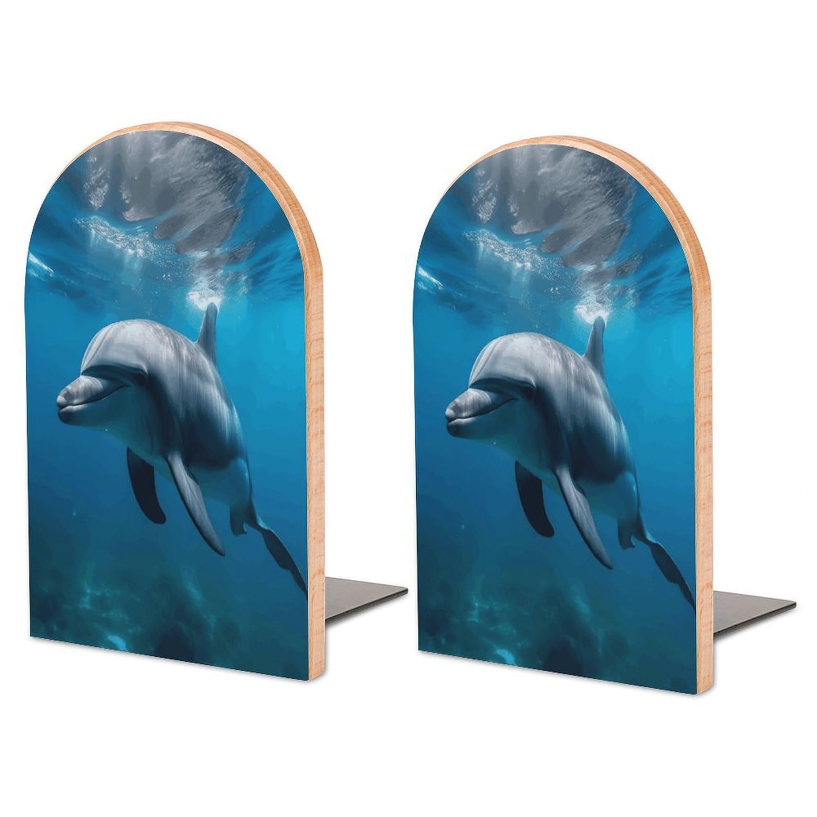 Dolphins in The Ocean1 Bookend for Shelves Non-Skid Book Holder Modern Heavy Duty Bookend Stopper Metal Base Wood Book End Books Shelf Holder Home Decorative 1pair 6.7x3.9x4.7