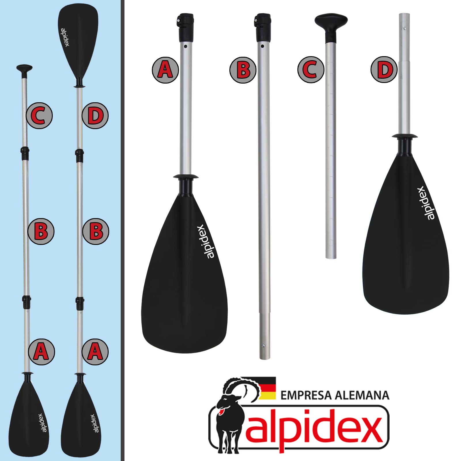 ALPIDEX 2 en 1 Pala Telescópica Aluminio Kayak Ajustable Ligero Doble Paddle Extensible 160-207cm Tabla Surf Sup Canoa Stand Up Paddle Board Kayak Remo