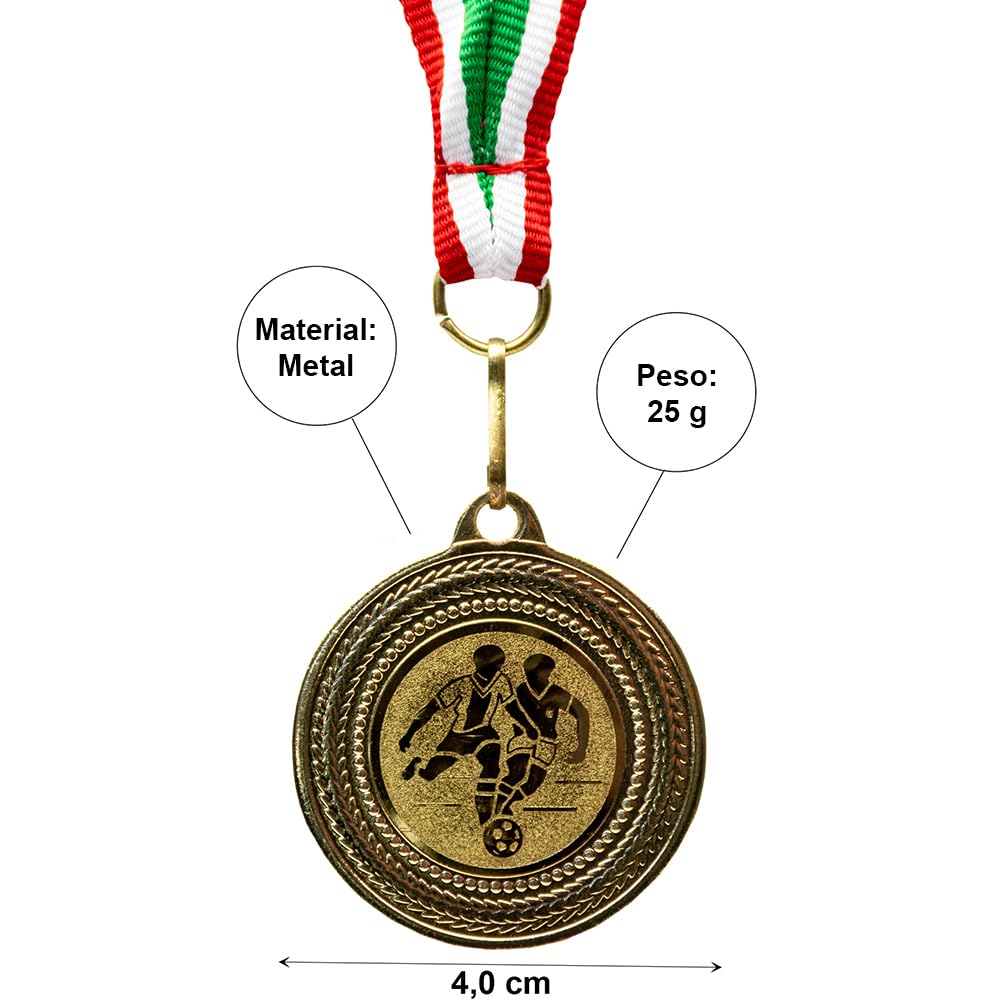 Fábrica de trofeos – Medallas de fútbol – Juego de 10 medallas de metal – Medalla de fútbol dorada para colgar para premios de premios – Medallas para niños con cinta verde y blanco rojo y emblema