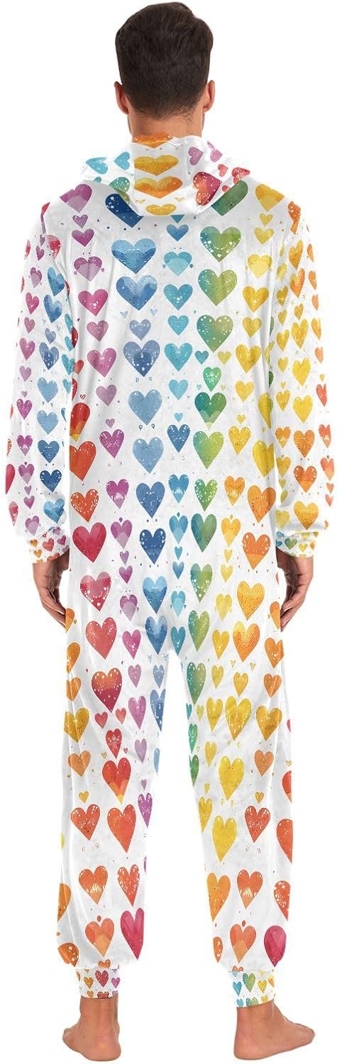 Rainbow Gradient Heart Adult Onesie Pajamas Novelty One Piece Costume Sleepwear Jumpsuits Matching PJS