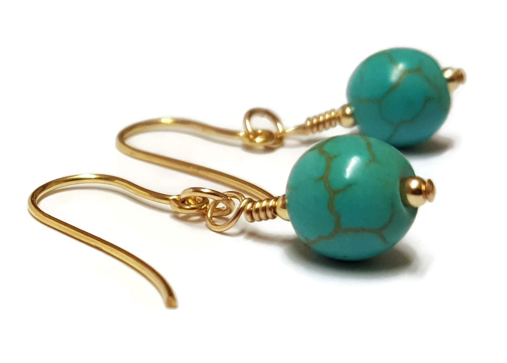 Blue Green Turquoise Earrings for Women, 9ct Gold Earrings Dangle Drop Hooks, Semi precious Gemstone Beads
