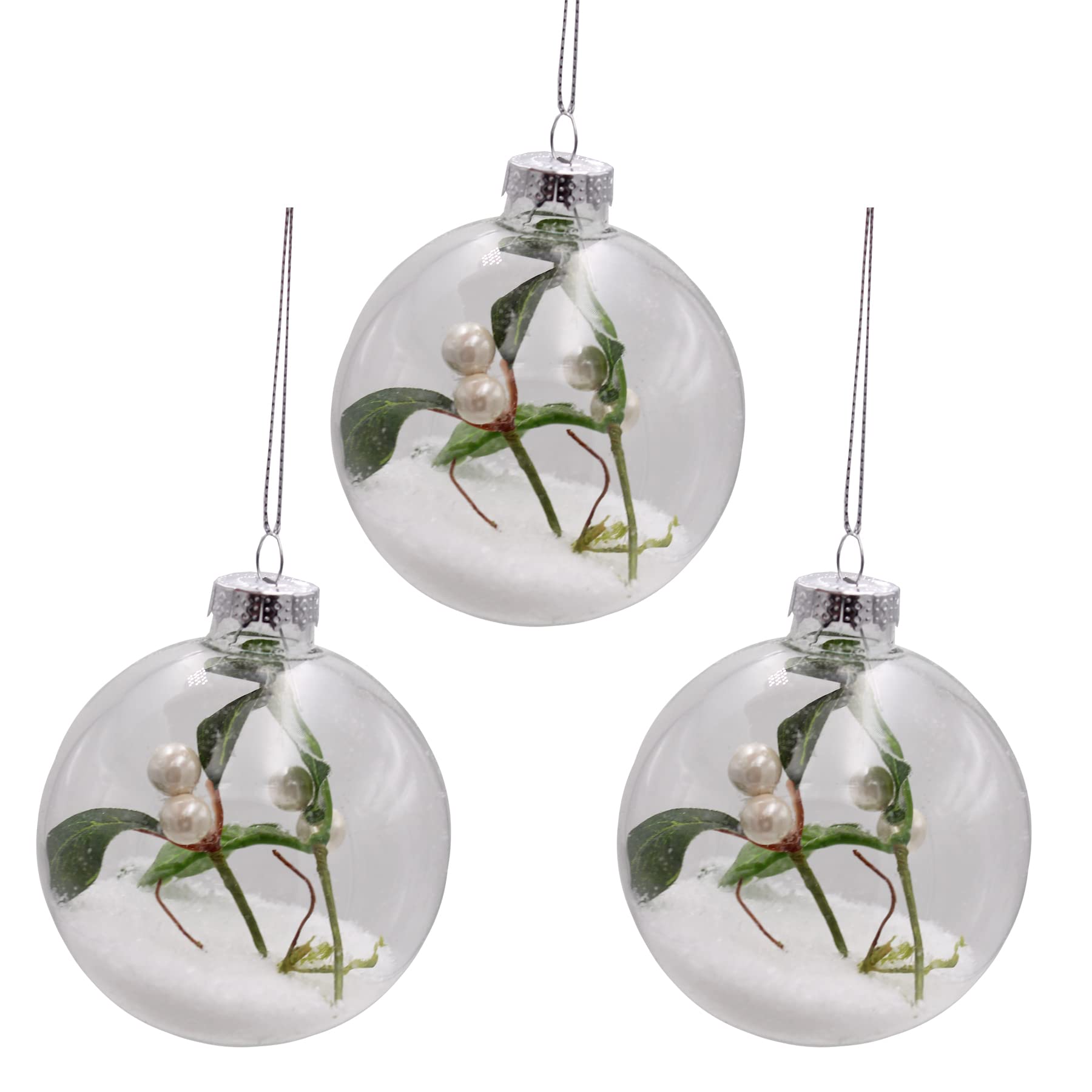 Widdle Gifts Clear Set Of 3 Luxury 80Mm Glass Christmas Tree Baubles - Mistletoe With Snow 5288