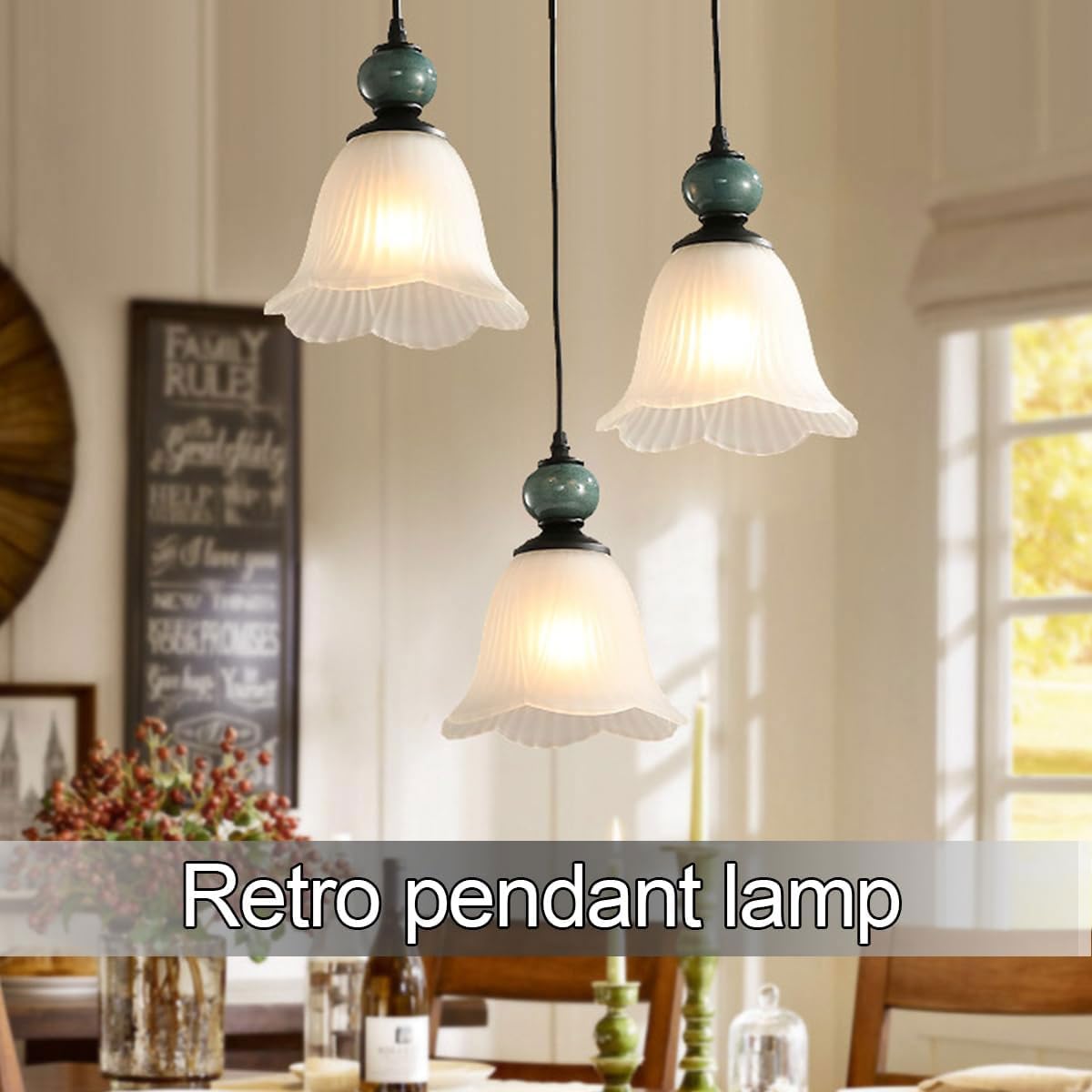 a Sospensione a 3 luci in Ceramica retrò, con Paralume in Vetro a Forma di Fiore, per Isola da Cucina, da a Sospensione in Ferro Nero Opaco, Attacco E27, per Soggiorno sopra Il Tavolo
