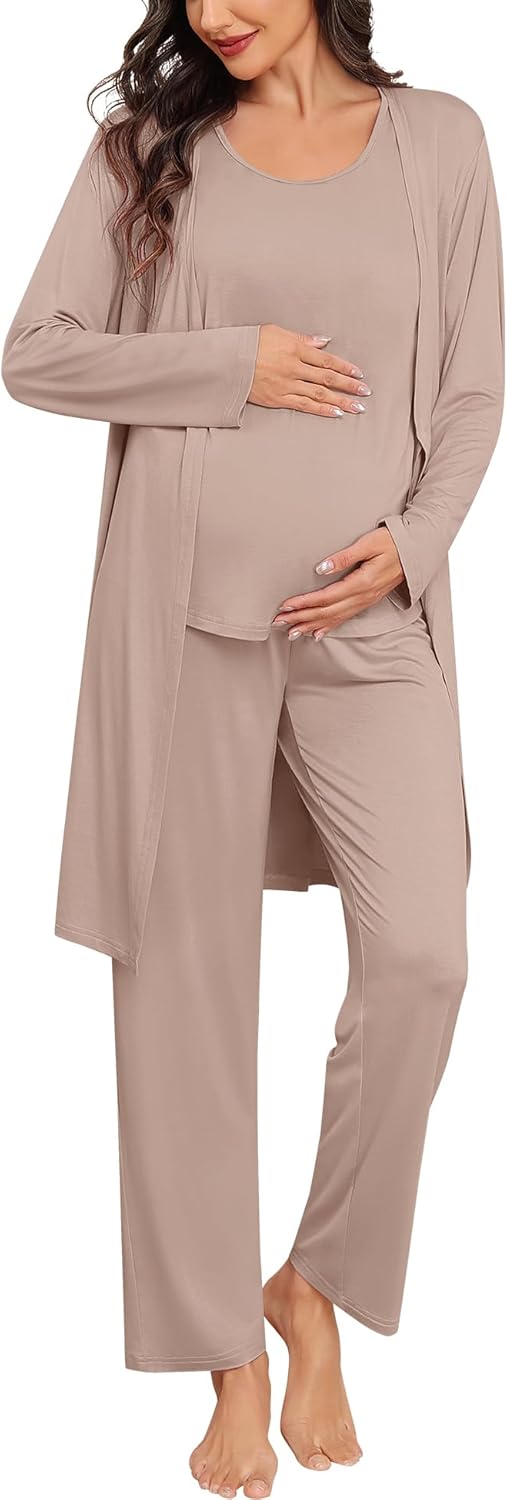 SWOMOG Women Maternity Nursing Robe Set 3 PCS Labor Delivery Breastfeeding Pajama Postpartum Pjs for Hospital Pregnancy
