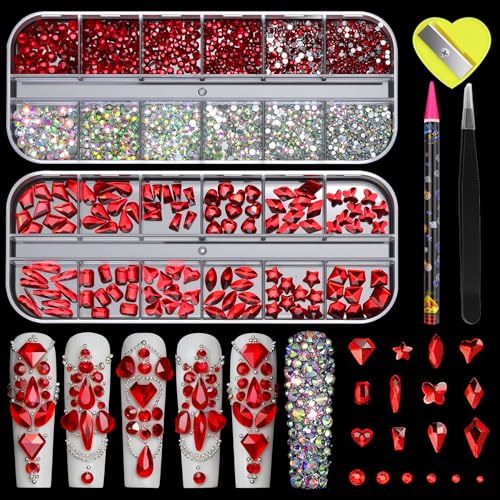 Red Nail Rhinestones - 12 Types of Multi Shapes Diamonds & 12 Sizes Flatback Round Crystal Gem Stones - 3D Glass Nail Art Rhinestones Kit for Manicure Craft Decoration