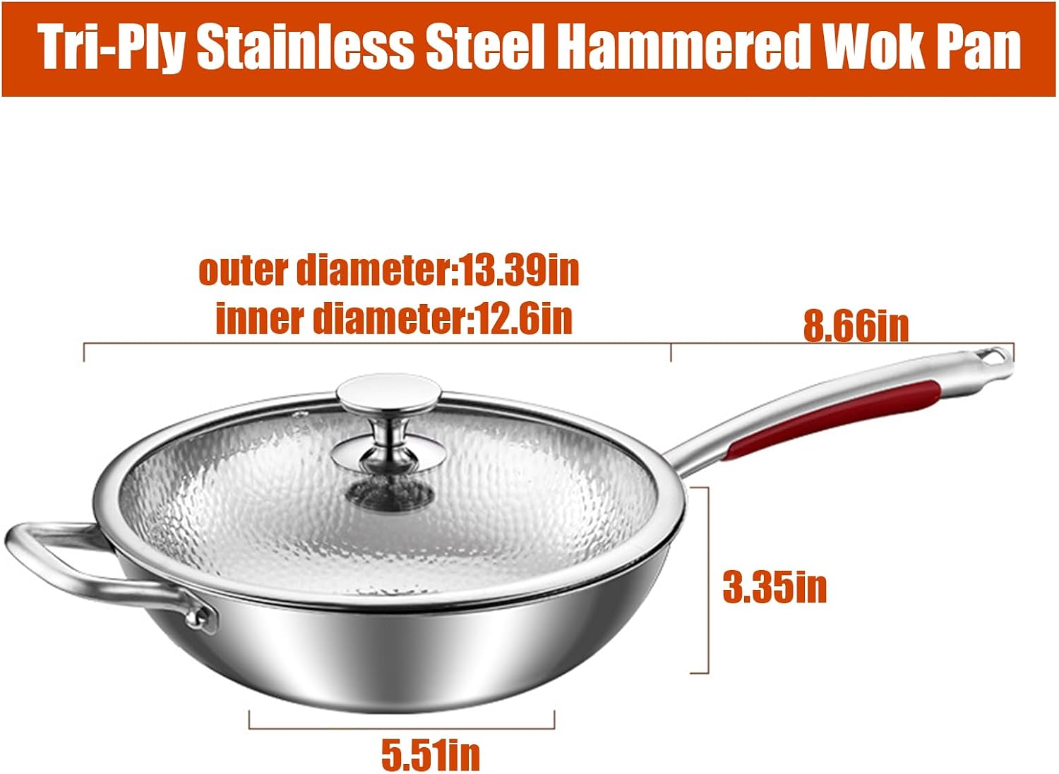 Hammered Wok, Tri-Ply Stainless Steel Hammered Frying Pans Nonstick, Non-Stick Wok, Durable Scratch-Resistant Non Stick Wok Pans for Cooking,with lid,13.39IN