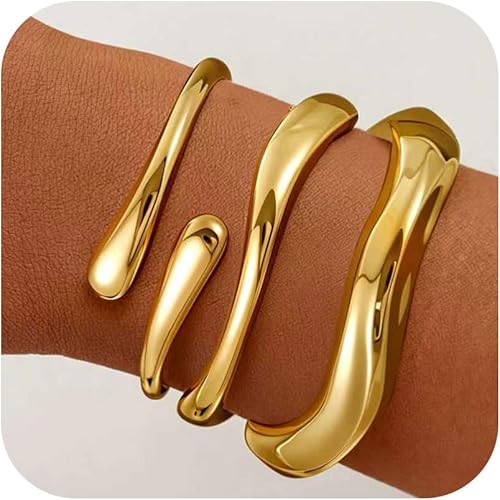 Miniatura 8 de Brazaletes de oro, para mujer, modernos, chapados en oro de 18 quilates, juego de brazaletes gruesos de oro, no se deslustra, impermeable, regalos
