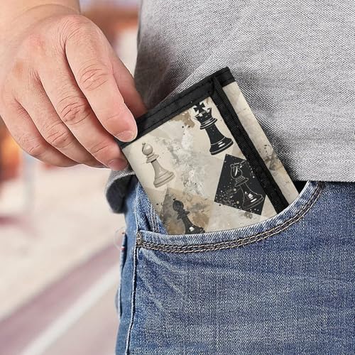Chess Piece Brown Pattern Trifold Wallet for Men - Slim 8 Card Slots, Zipper Coin Purse Money Clip, Cash Compartment 6