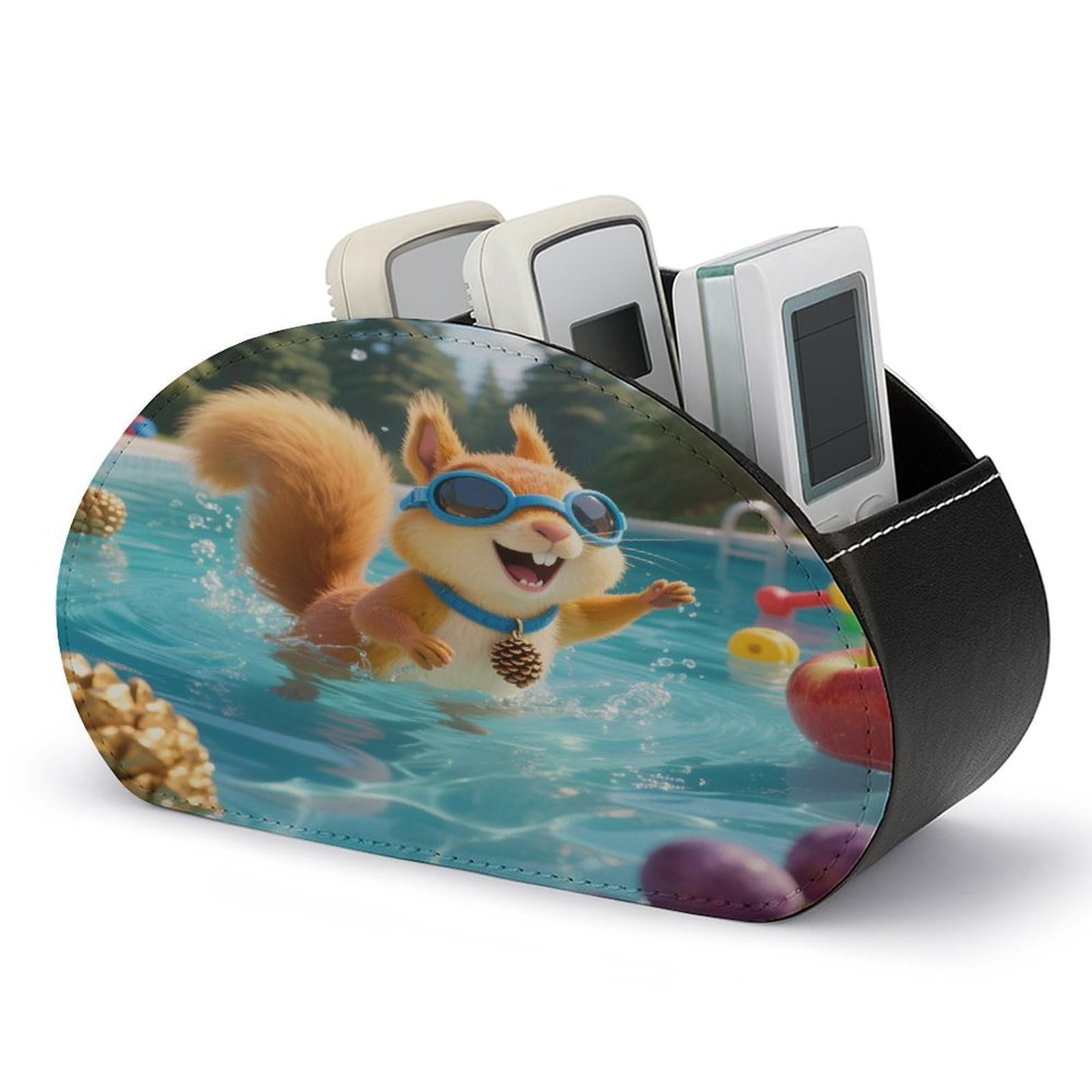 VstaDank - Squirrel Pool Remote Control Holder PU Leather Multifunctional Office Organizer Brush Holder Desktop Storage with 5 Compartments Box