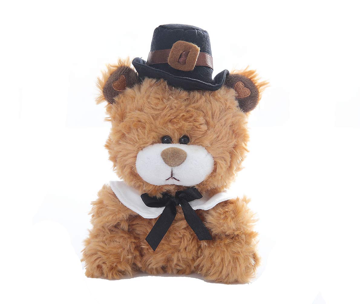 Plushland Stuffed Qbeba Pilgrim Bear – with Cute Hat and Collar – Plush Stuffed Toy for Kids on Thanksgiving Day – 6 Inches (Brown)