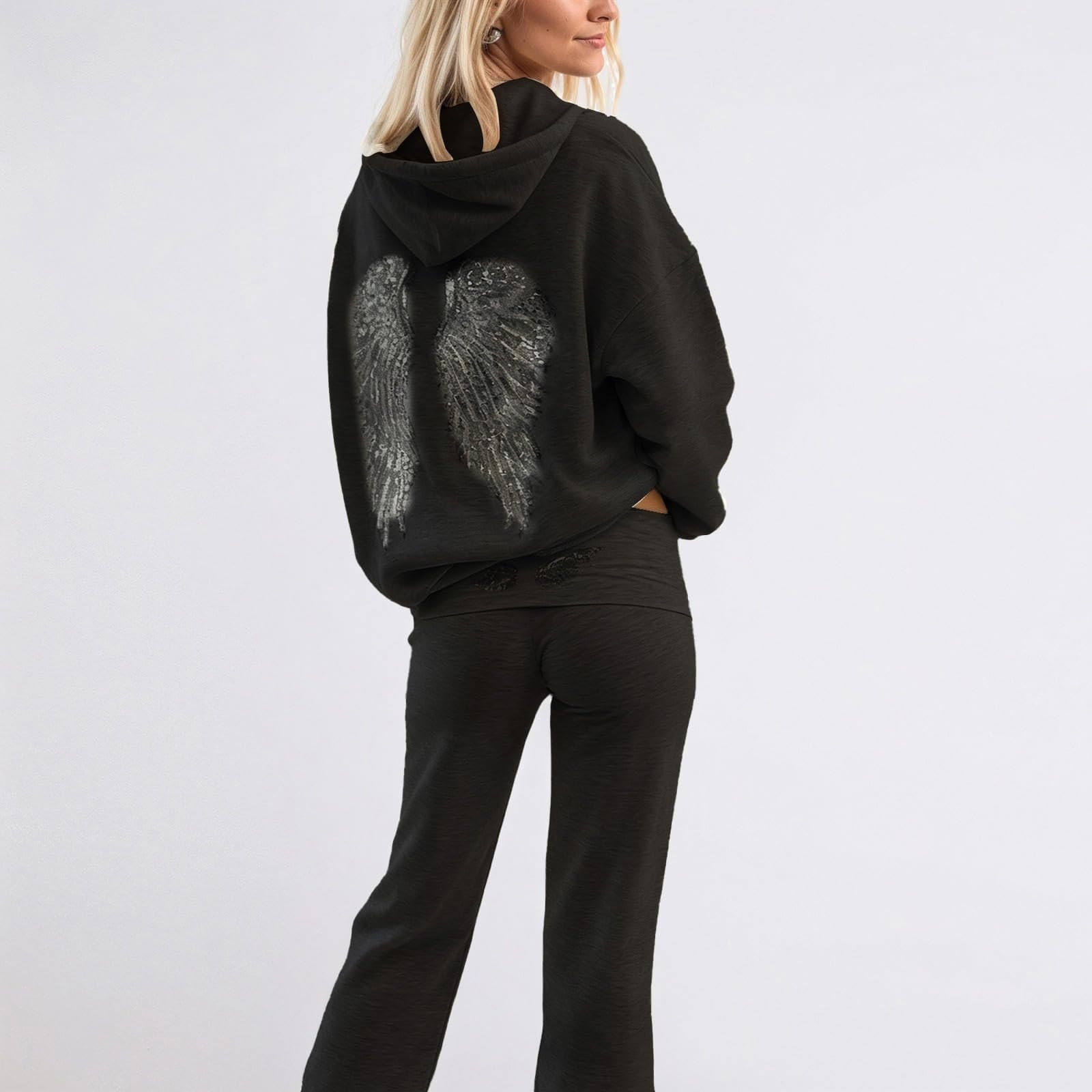 Generisch Tuta da jogging da donna, set di tuta da jogging con ali di angelo, con cappuccio e pantaloni da jogging in due pezzi, tinta unita, elegante e morbida tuta sportiva Y2k