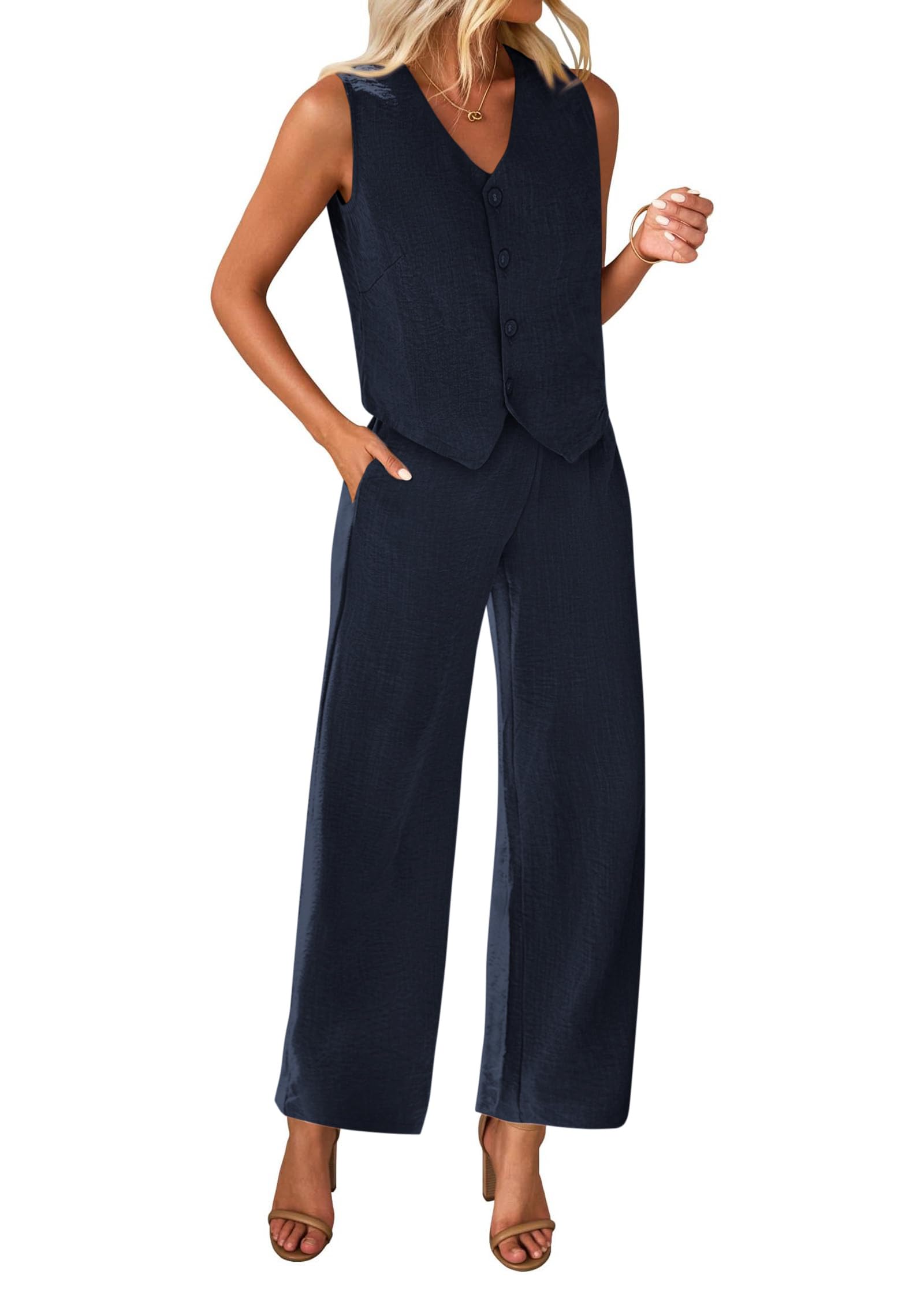 KIRUNDO Womens Two Piece Outfits Summer Fashion Button V Neck Crop Vest Blazer and Wide Leg Pants Suit