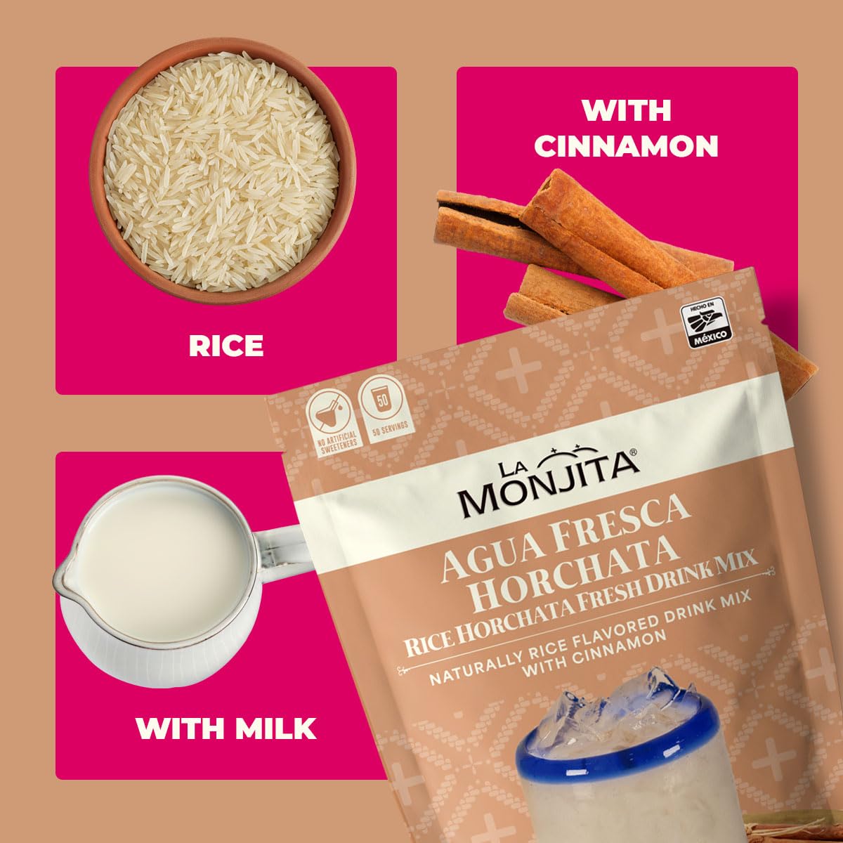La Monjita Agua Fresca Horchata - Mexican Agua de Horchata Naturally Rice Flavored Drink Mix With Cinnamon - 50 Servings (500g / 17.6oz)