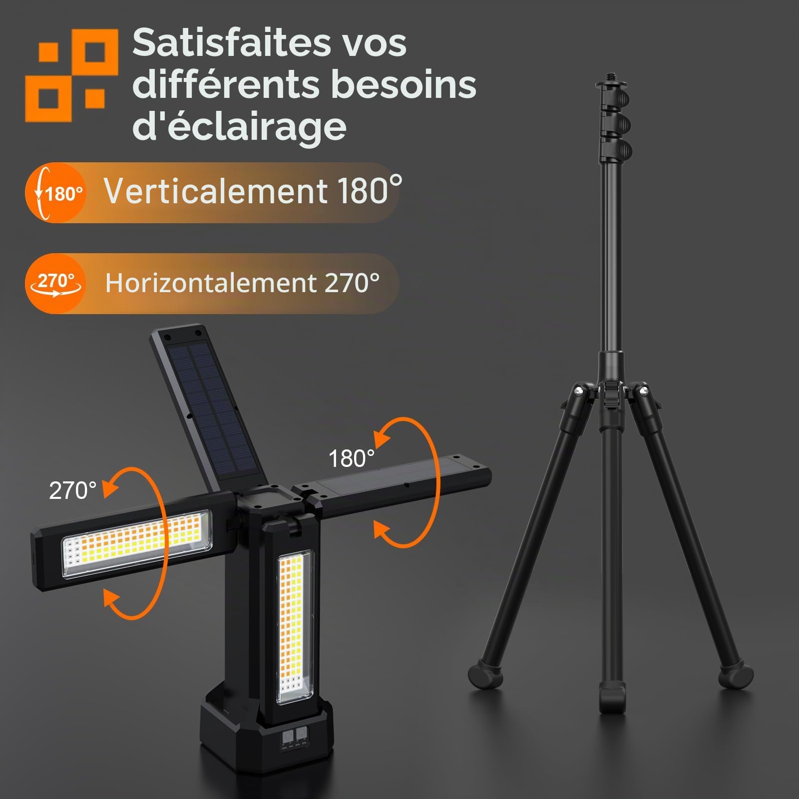 Projecteur LED Chantier Solaire Rechargeable 13200 mAh avec Trépied et Sac de Transport, Lampe de Chantier à Intensité Variable en Continu 8000 Lumens, Blanc/Chaud/Naturel (SOS) (avec télécommande)