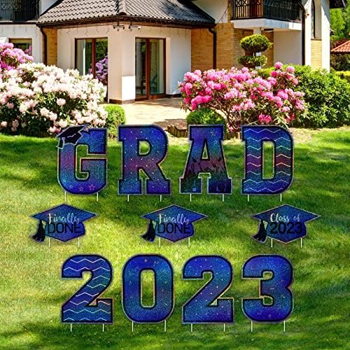 11 Pieces Graduation Yard Sign Decorations Congrats Graduation Lawn Signs 2023 Grad Yard Signs with 23 Stakes for Outdoor Congrats Graduation Party Decoration Supplies (Blue, Laser Style)