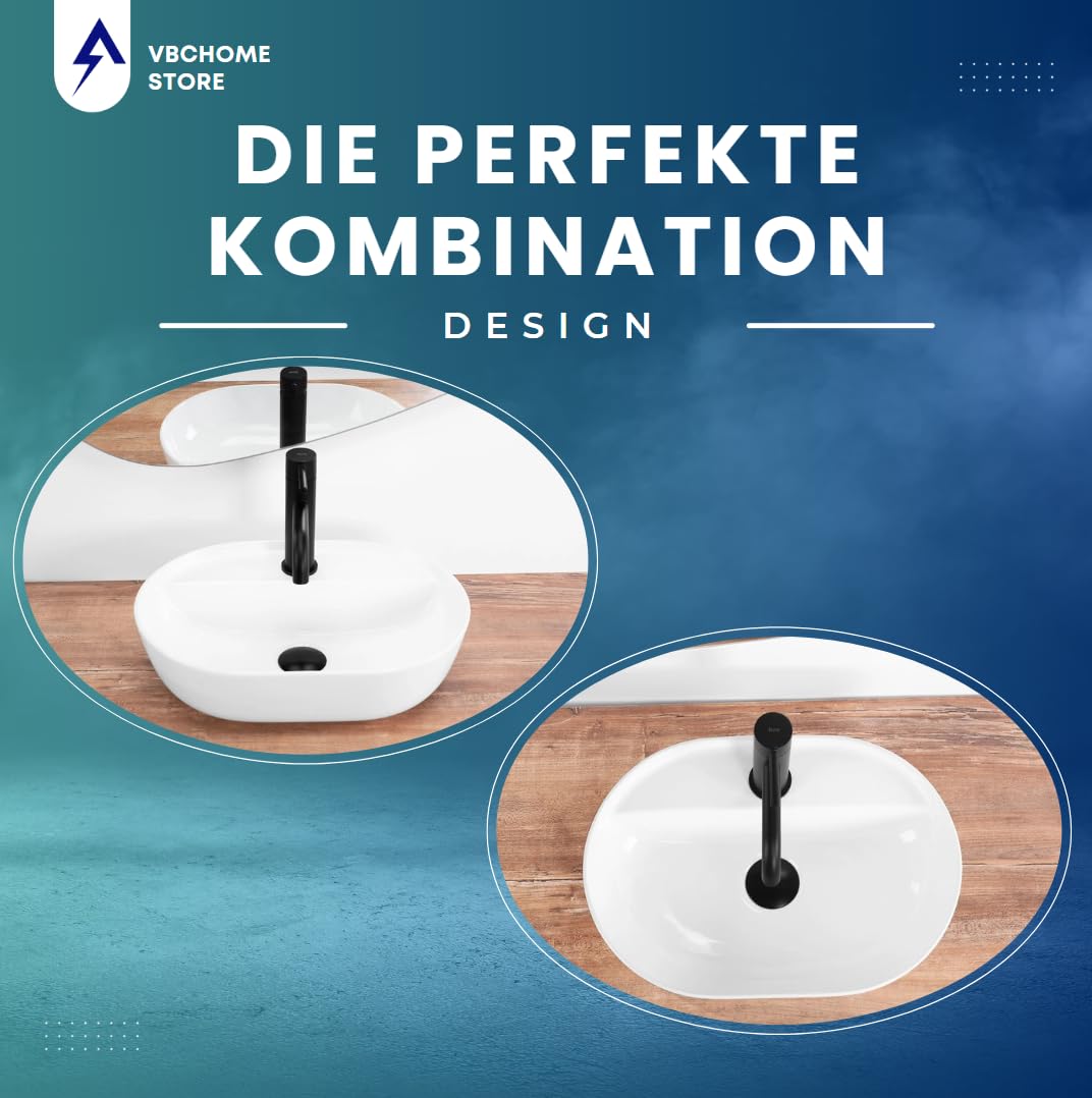 VBChome Lavabo 42 x 30 cm en céramique blanche ovale avec trou pour robinet, lavabo de pose, lavabo de salle de bain en céramique