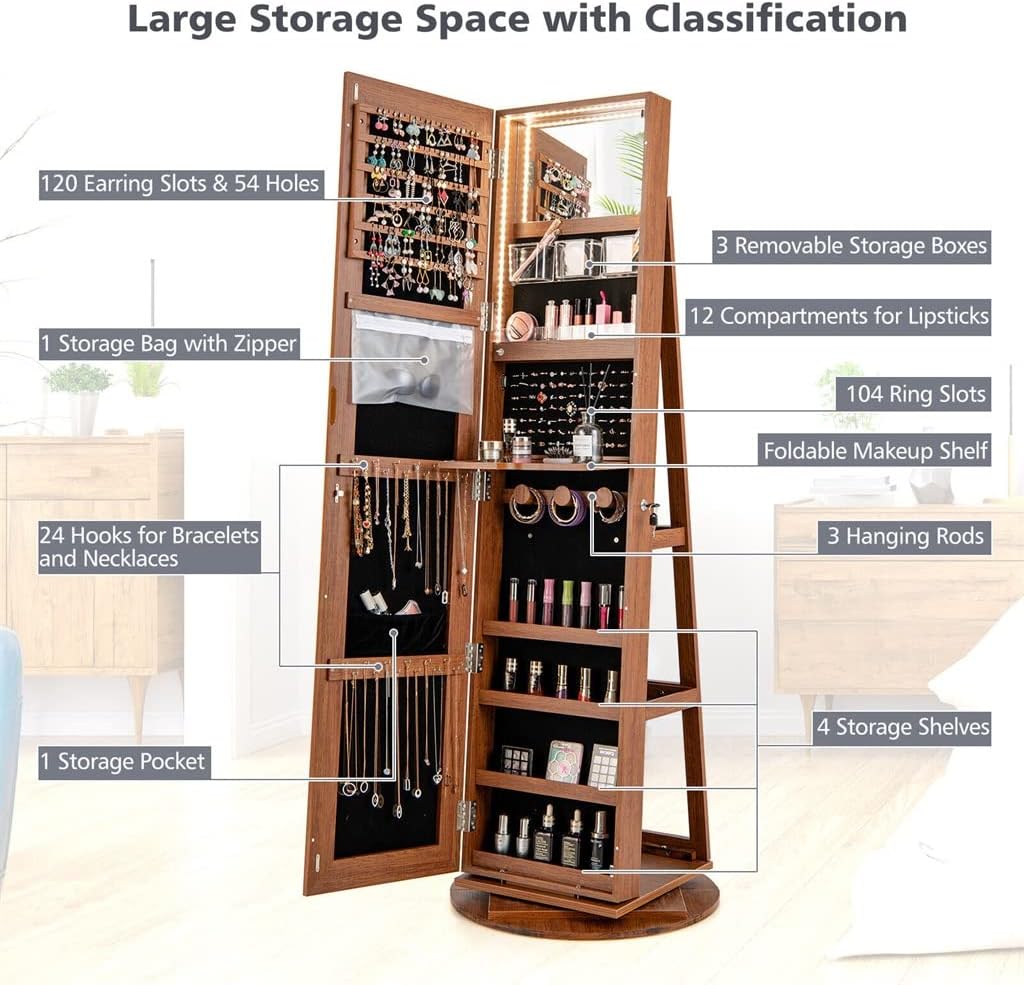 360° Rotating Mirror Jewelry Wardrobe 3 Colors LED Pattern Lockable Brown Bedroom Furniture (Color : A, Size : 21.5x21.5x63.5 inches)