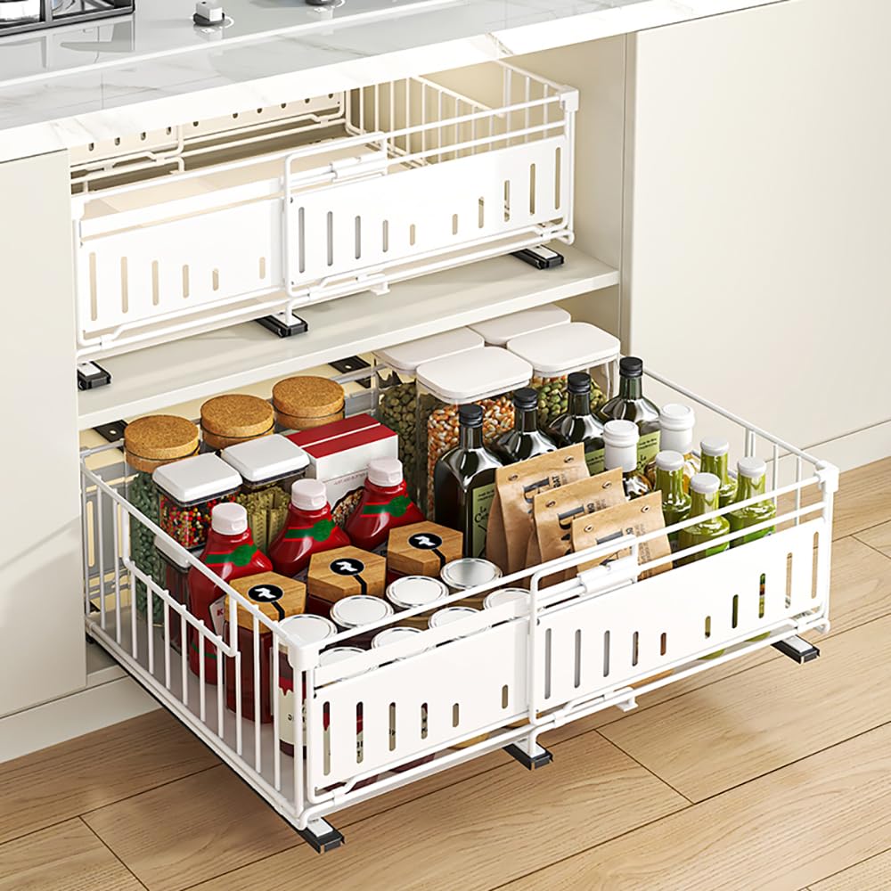 YunNasi Expandable Pull Out Cabinet Organizer Slide Out Kitchen Drawer Storage Shelves Cupboard Organizer for Pantry No Need Drilling and Nailing (White, 2Pieces:38Dx17Hx32-50W)