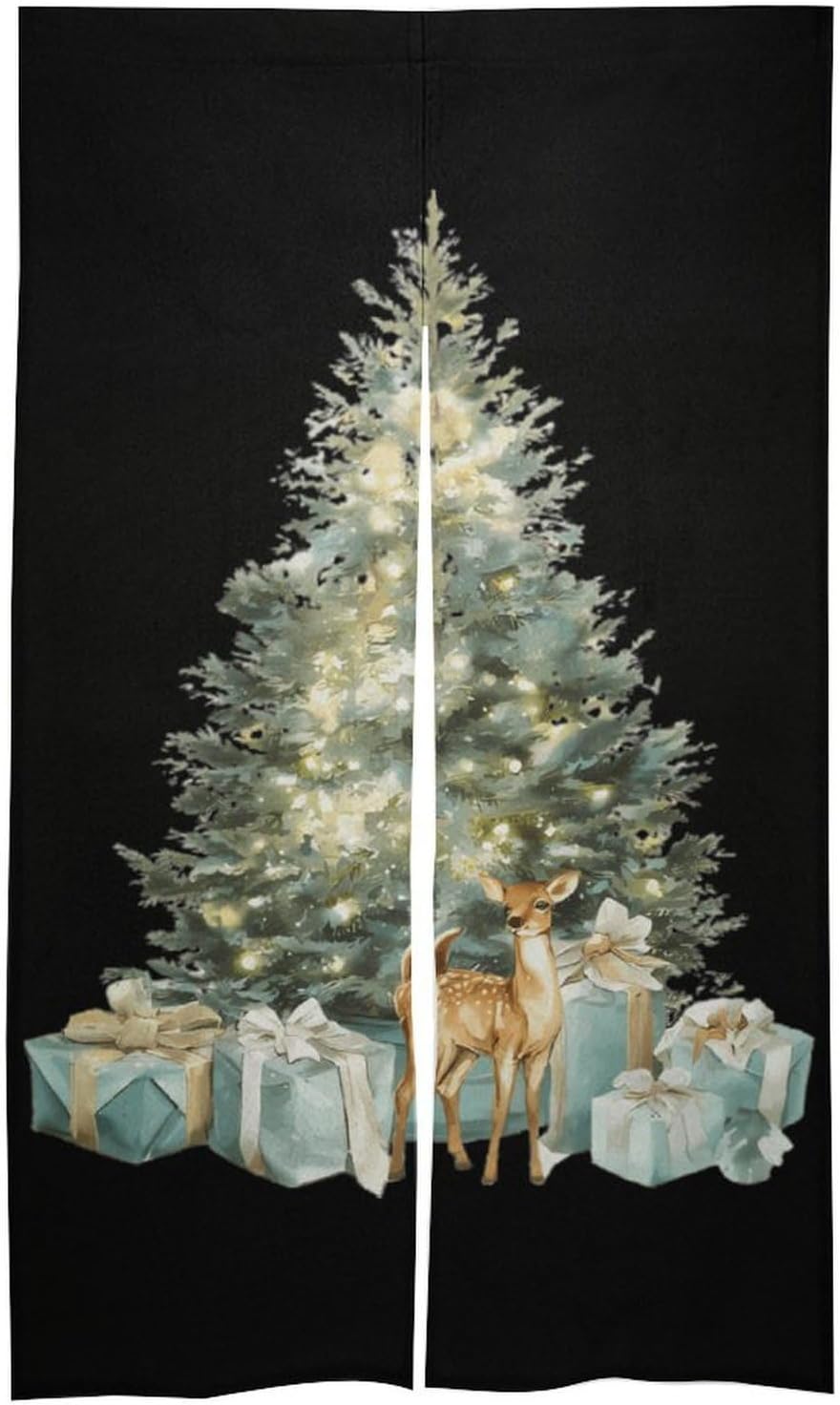 Deers Christmas Tree Doorway Curtain Insulated Room Divider Drapes | white linen,privacy curtains