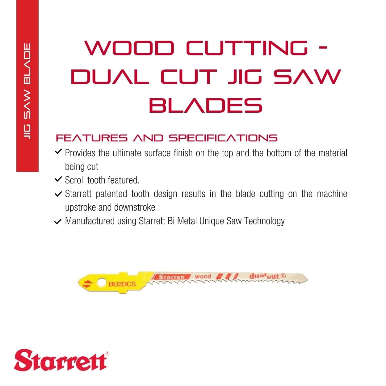 Starrett Bi-Metal Unified Dual Cut-Wood Cutting Jig Saw Blade - 2" Length, 3/16" Width, 050" Thickness, 9-19 TPI, Alternate Set Type - 2-Pack - BU2DCS-2
