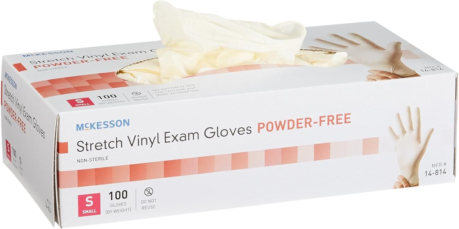 McKesson Stretch Vinyl Exam Gloves, Non-Sterile, Powder-Free, Small, 100 Count, 10 Boxes, 1000 Total