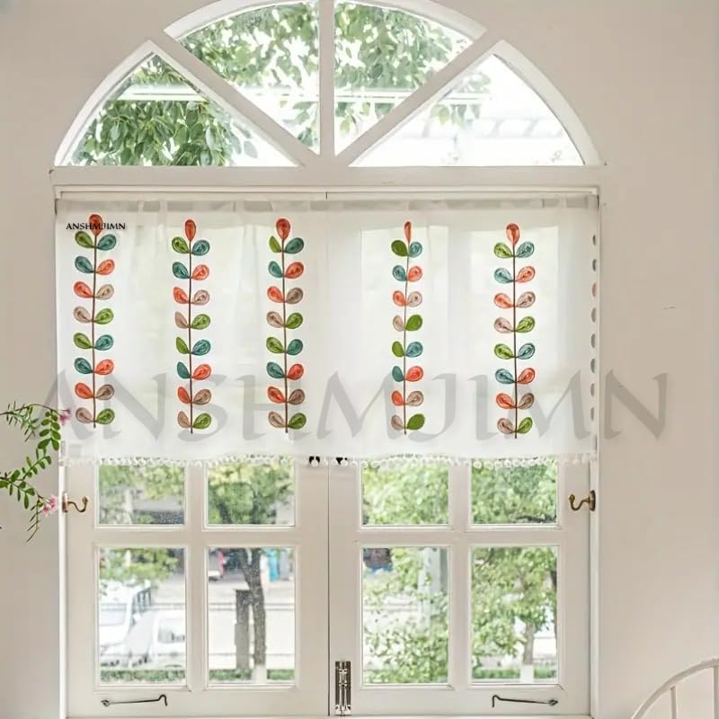 Image of Short Window Curtain for Kitchen, Living Room, Cafe, Restaurant & Home Decor | Elegant Half Window Valance | Length - 24 Inch, Width - 60 Inch (Multiple Leaf Color, Medium)