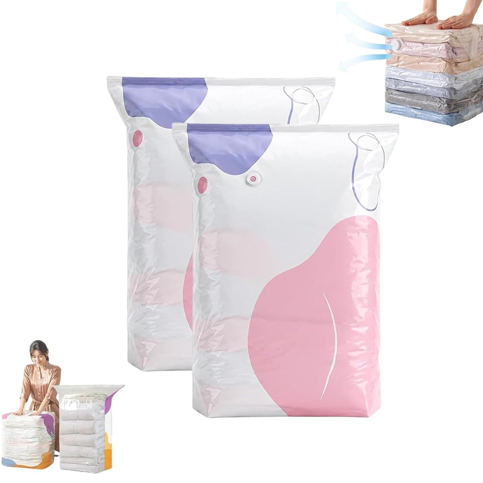 No‑Pump Vacuum Storage Bags, Press & Seal Large Cube Vacuum Seal Bags,Space Saving Self Compression Organizer For Clothes,Comforters，Blankets,Bedding(L*2)