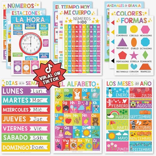 12 pósteres educativos españoles, carta de aprendizaje bilingüal para prek, niños y 1st Grade Kids, decoración de clases en el hogar   Alphabet, Colors, Numbers, Months of the Year, Days of the Week