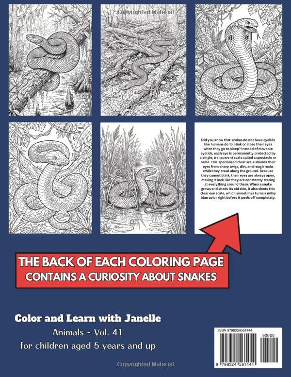 50 Snakes Coloring Pages Book for Kids and Adults: +50 Amazing Facts about Snakes. Realistic Coloring Book for Children and Grown-Ups. Color and Learn with Janelle - Animals - Vol. image 3