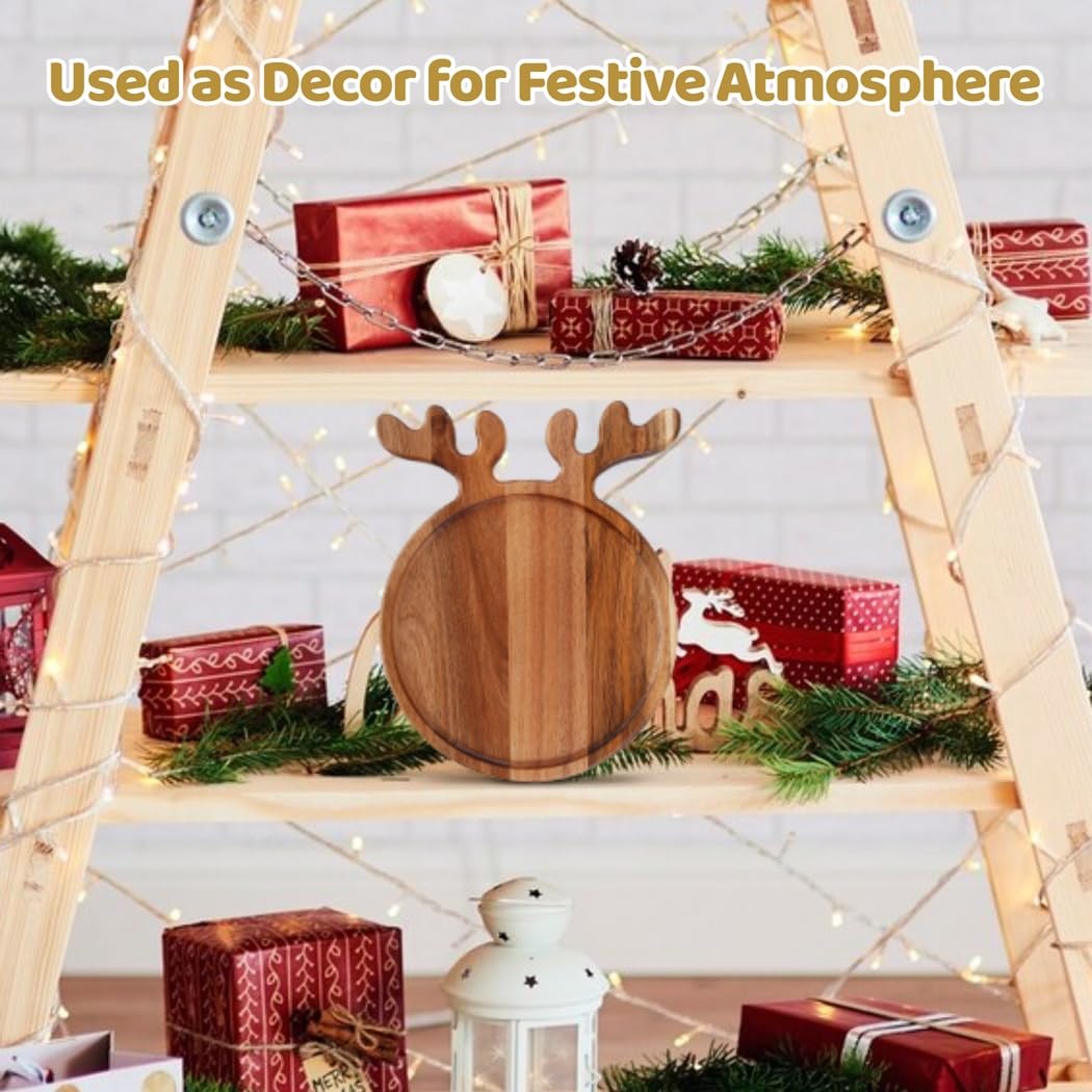 Bandejas de Madera para Servir con Mango de Cuerno, Elegante Bandeja de Desayuno y Té, Plato de Frutas y Aperitivos, Bandeja de Madera Decorativa, Perfecta para Navidad, Bodas, Cumpleaños
