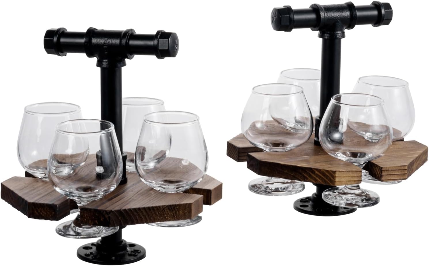 MyGift Solid Burnt Wood Serving Beer Whiskey Flight Set Tray with Industrial Black Metal Pipe Carrying Handle and 4 Small Snifter Style Tasting Beer Glasses, Set of 2