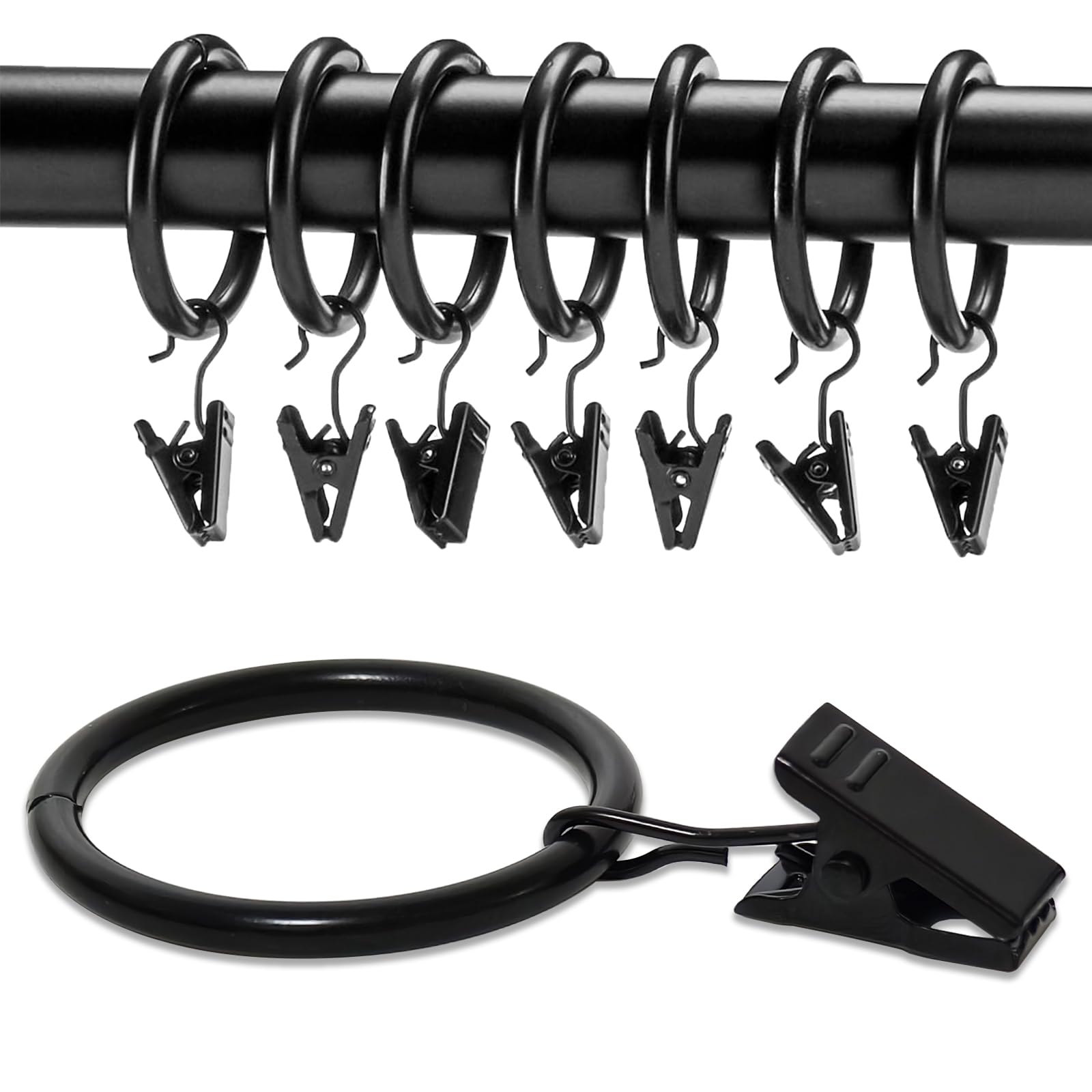 WANXIANG Curtain Rings with Clips,1-1/4 Inch Inner Diameter,Fits Up to 1 Inch Rod, Black
