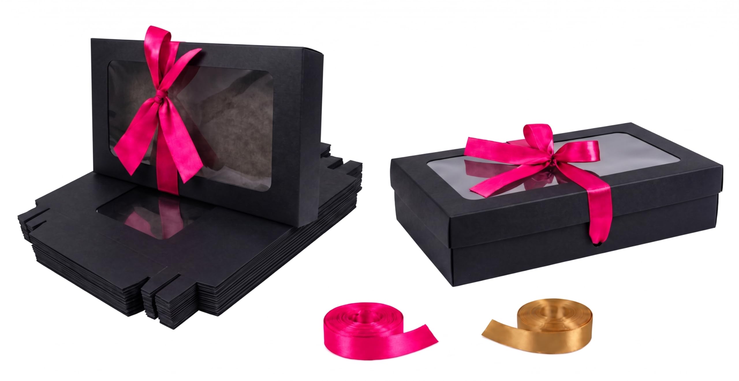 Emartbuy Pack of 12 Black Gift Boxes with Clear Window Lid & Hot Pink Satin Ribbon - Small 21.5 x 13.5 x 4.5 cm - Recyclable Kraft Presentation Box for Hampers, Treats, Weddings & Favours — image 1