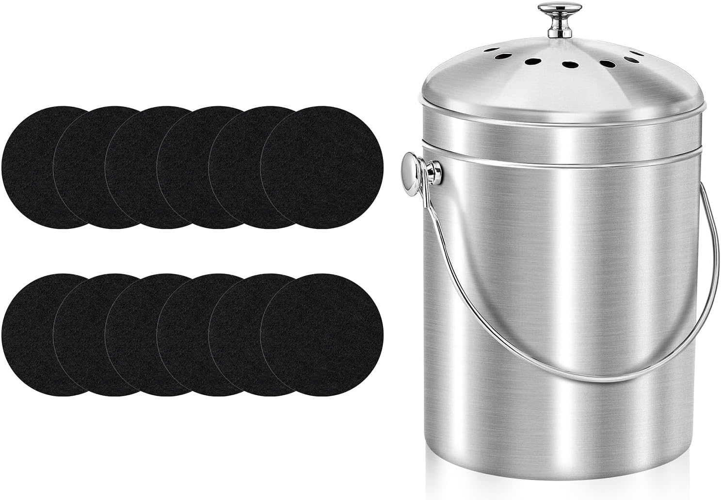 ENLOY Compost Bin & 12 Pack Compost Bin Filters Extra Thick Activated Carbon, Stainless Steel Indoor Compost Bucket with Carrying Handle 1.3 Gallon, Odor Absorbing Charcoal Filters 7.2 Inch