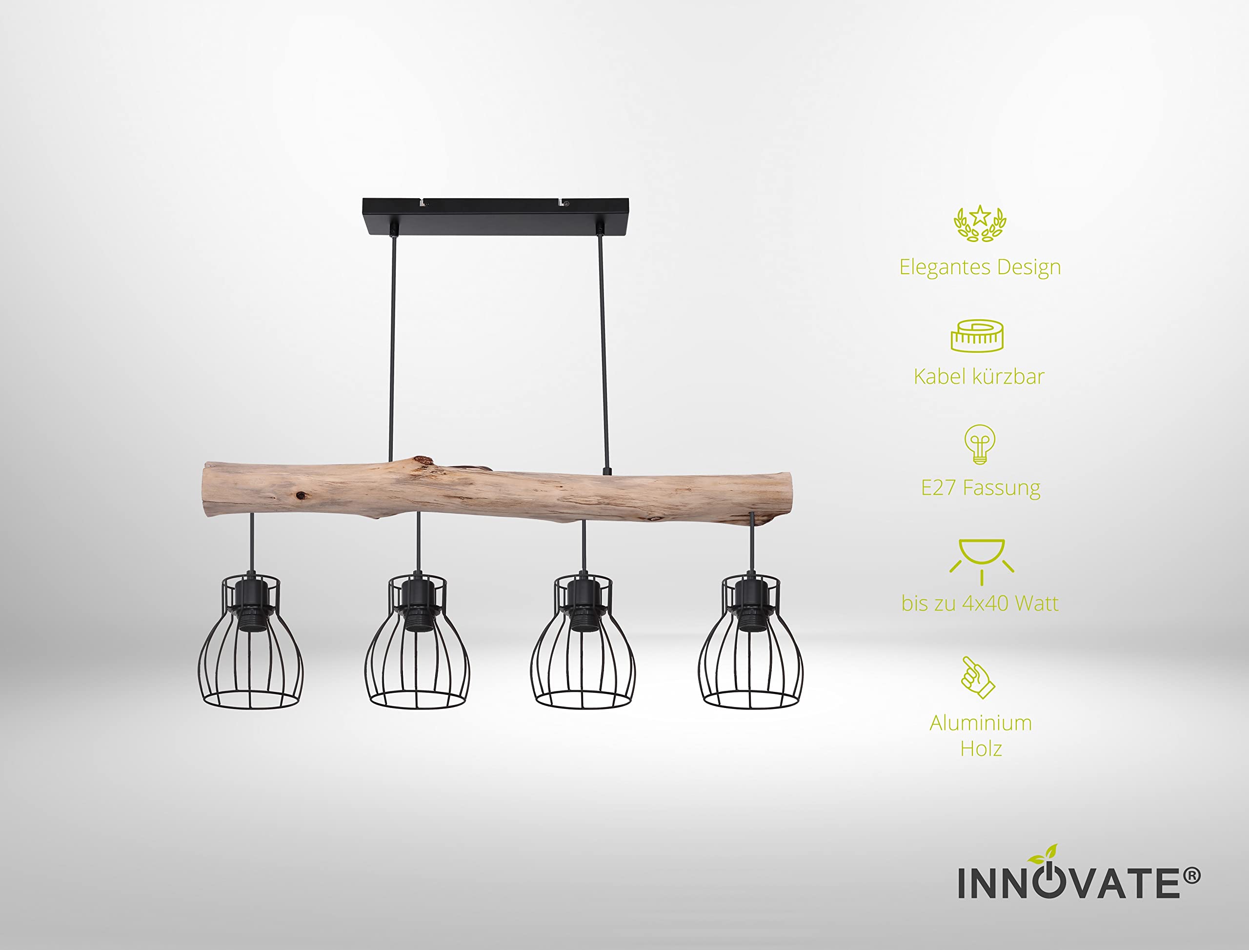 INNOVATE Pendelleuchte Holz 4 Gitterkörbe Rund – 80cm breite Hängelampe Vintage Holzbalken Rustikal – Aluminium Gitterkorb Pendellampe schwarz 4x E27 Fassung bis 40 Watt - Retro Hängeleuchte 140cm