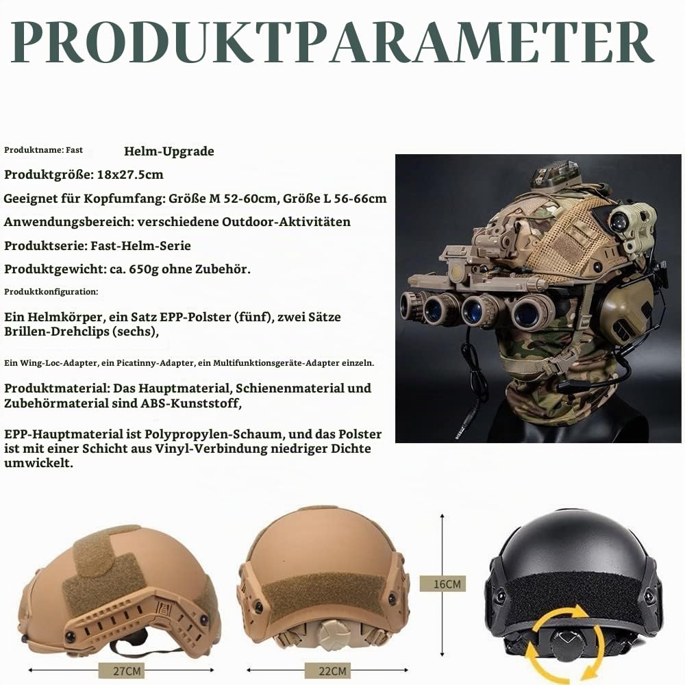Airsoft Taktisch Helm Set, Militär Fast Protective Helmet with Tactical Headset Und Helmüberzug Full Protect Taktischer Visier, Teleskop-Modell NVG Halterung