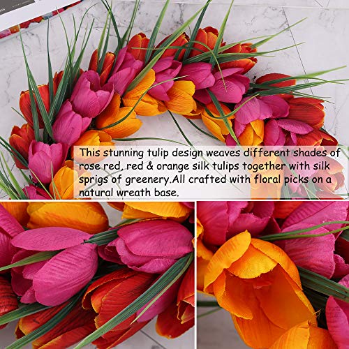 H&W Tulip Wreaths For Front Door Décor, 15'' Springtime Silk Flower Wreath For Window Wall Party Wedding Valentines Day Hanging Decorations, Orange Garland （Mc12-D1 #TOP3
