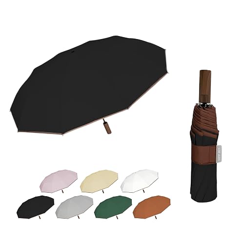 Compact Travel Folding Umbrella,Wood-Grain Handle,With Carrying Pouch