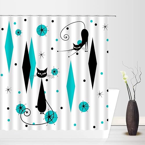 Miniatura 12 de GCTNBJL Cortina de ducha geométrica moderna de mediados de siglo, gato negro, estrellas atómicas, abstracto, rosa, negro, geométrico, retro, de los