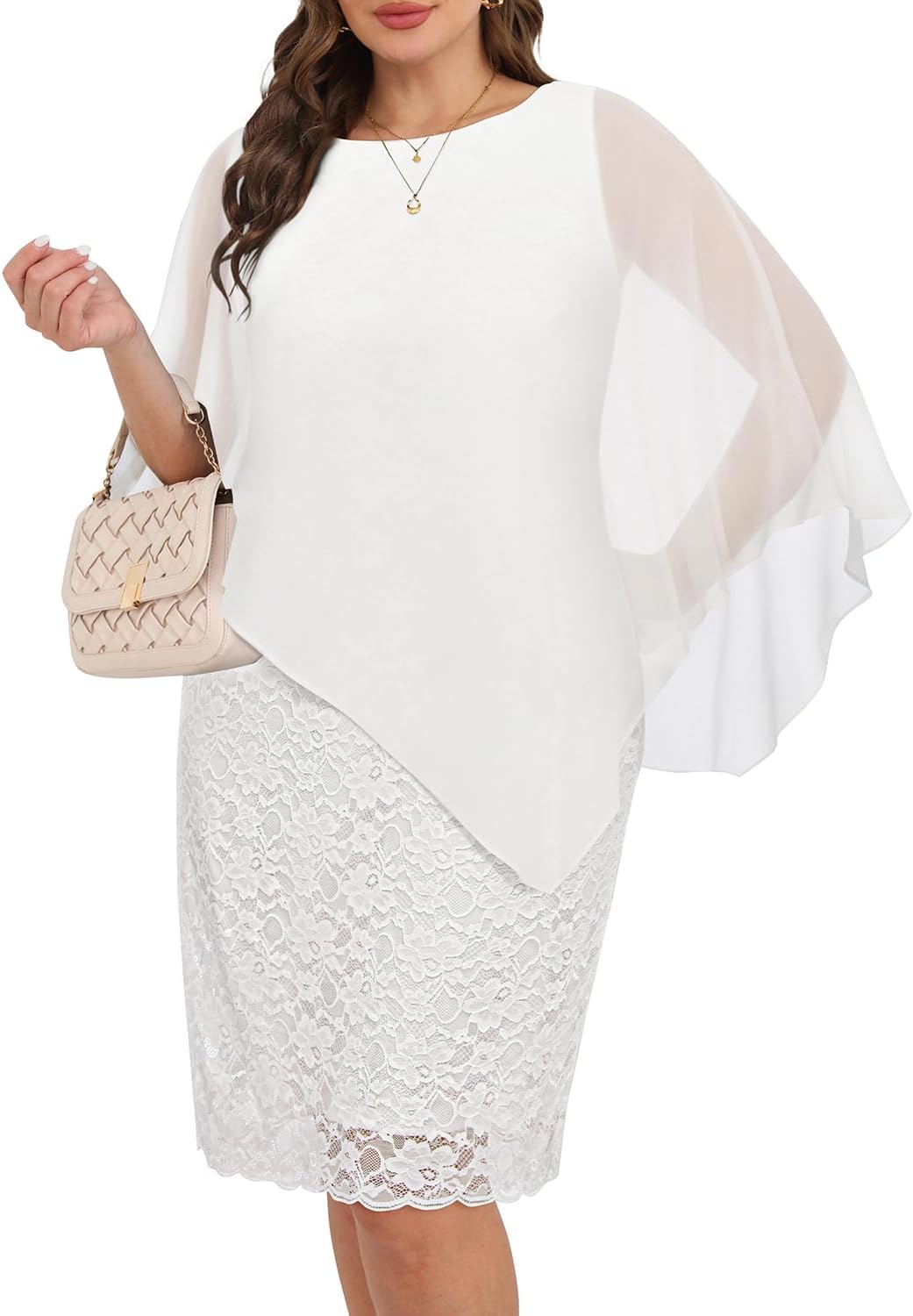 Plus Size Dresses Wedding Guest - Mother Bride Semi Formal Lace Cape with Chiffon Overlay Dresses - Image 4