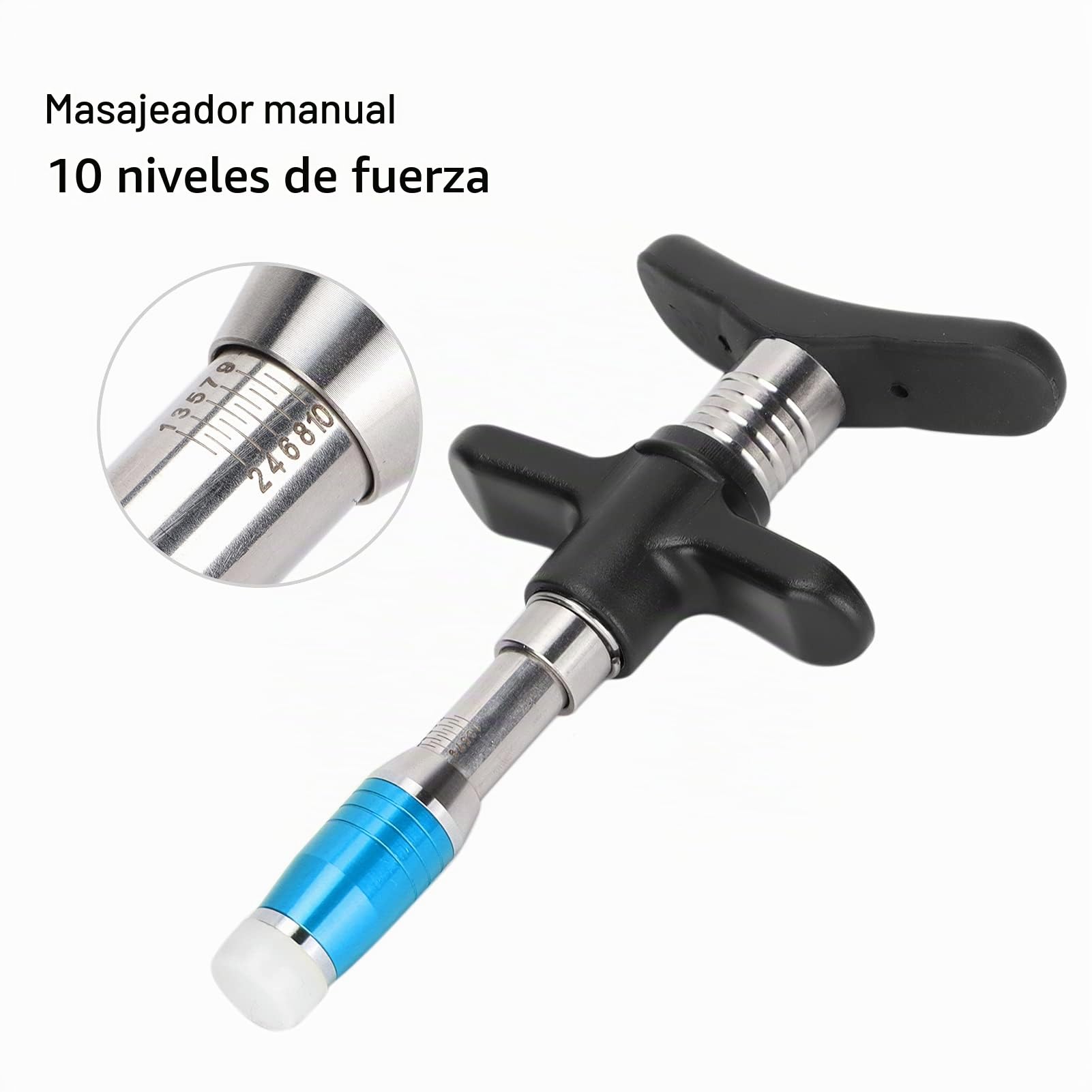 Masajeador Espinal Manual de Un Cabezal – 10 Niveles de Intensidad x Ideal para Ajuste Quiropráctico x Fabricado en Acero Inoxidable x Alivio Articular y Cervical x Portátil y Ergonómico